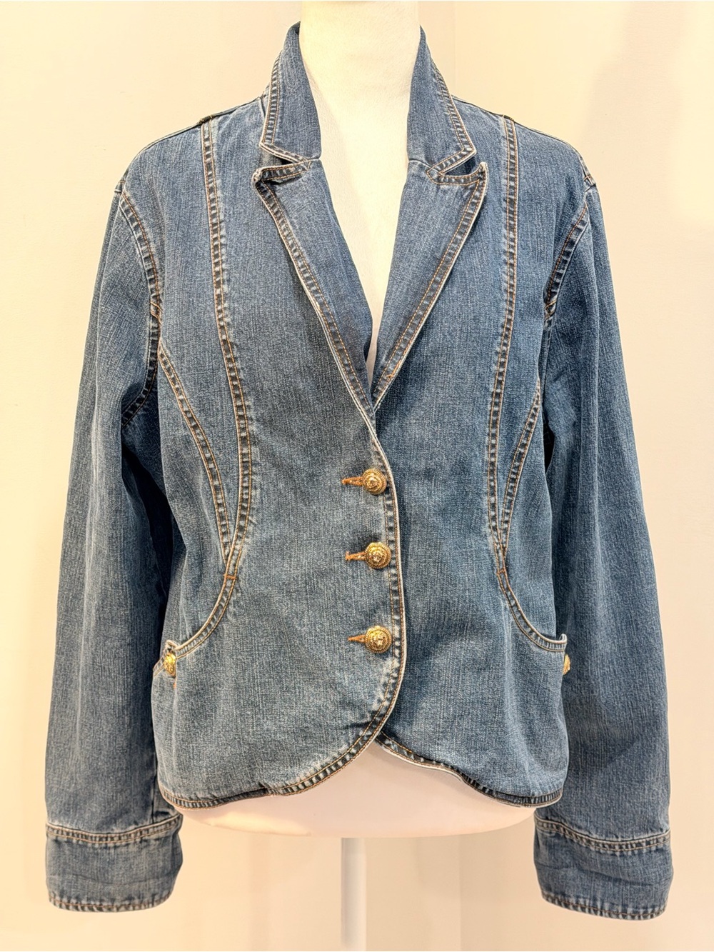 EUC French Cuff Blue Denim Blazer Jacket with Gold Buttons Size XL